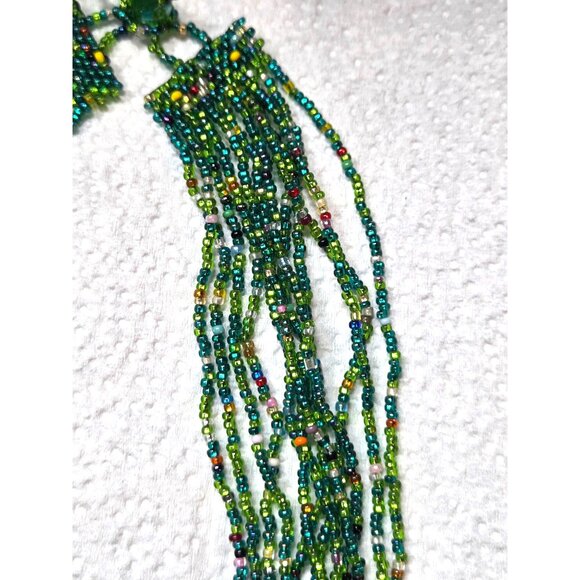 Multicolor Green, Blue, Orange Glass Seed Beaded Multi Strand Necklace - Picture 4 of 4